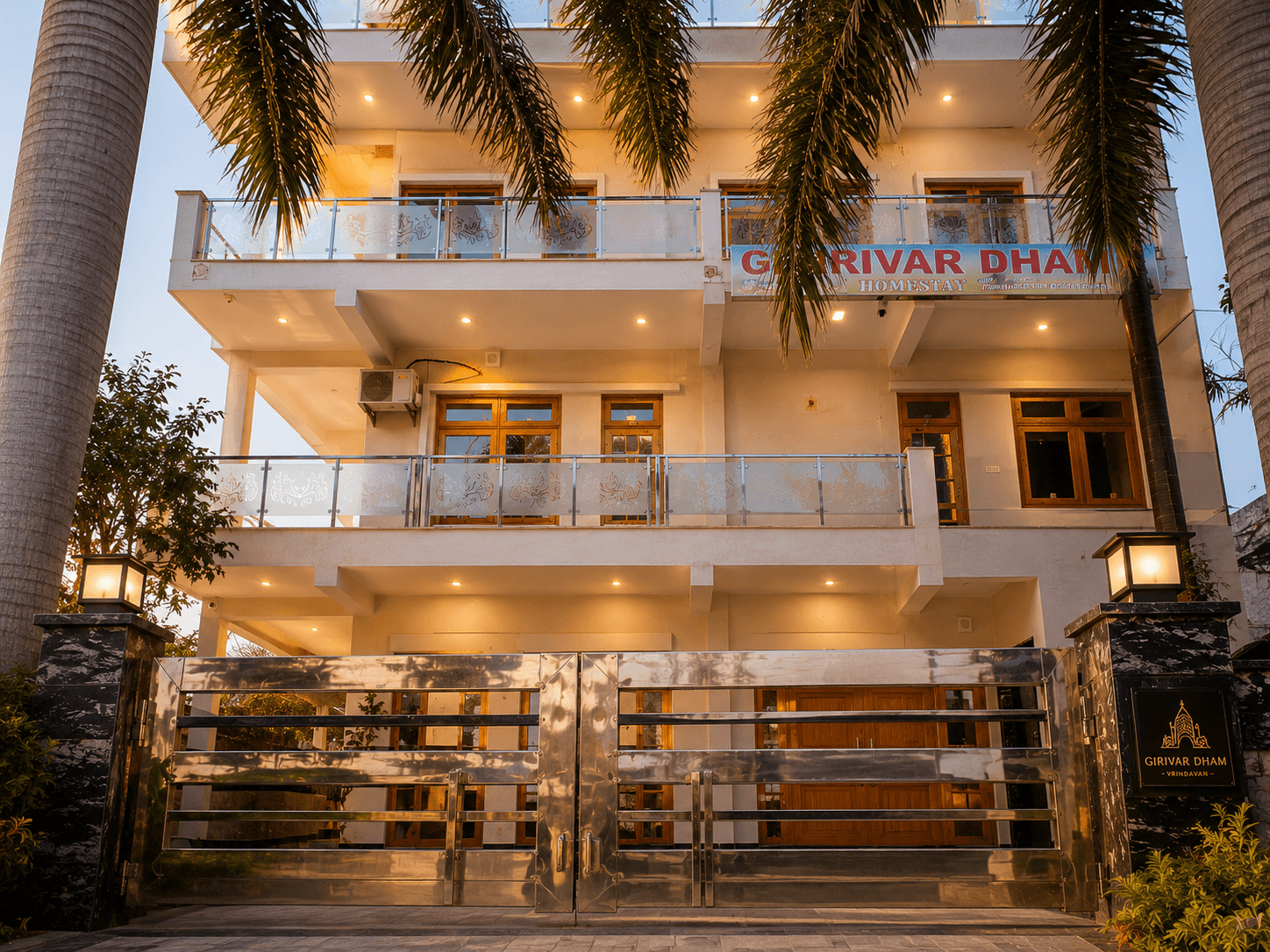 Girivar Dham peaceful retreat exterior facade in Chaitanya Vihar Vrindavan near Prem Mandir